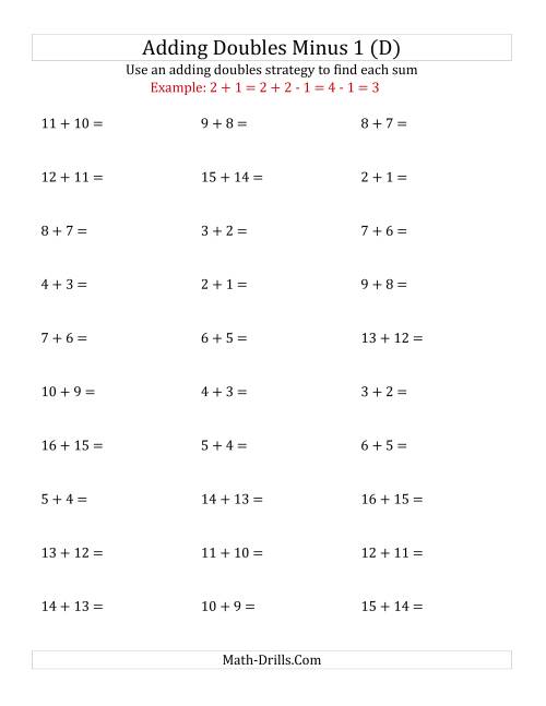The Adding Doubles Minus 1 (Medium Numbers) (D) Math Worksheet