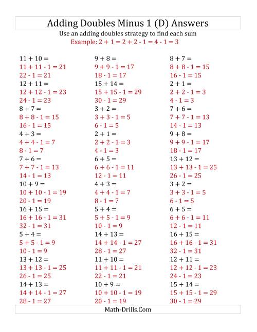 The Adding Doubles Minus 1 (Medium Numbers) (D) Math Worksheet Page 2
