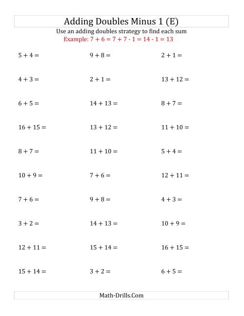 The Adding Doubles Minus 1 (Medium Numbers) (E) Math Worksheet