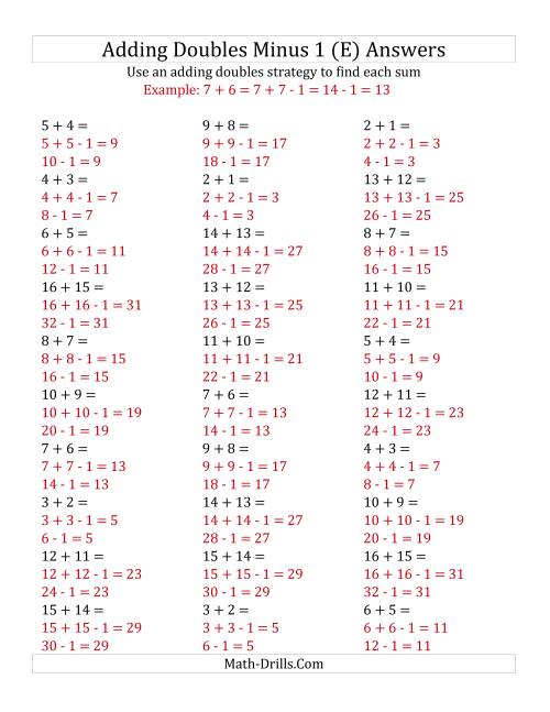 The Adding Doubles Minus 1 (Medium Numbers) (E) Math Worksheet Page 2