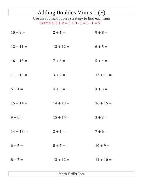 The Adding Doubles Minus 1 (Medium Numbers) (F) Math Worksheet