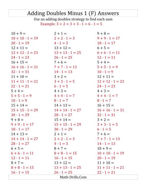 The Adding Doubles Minus 1 (Medium Numbers) (F) Math Worksheet Page 2