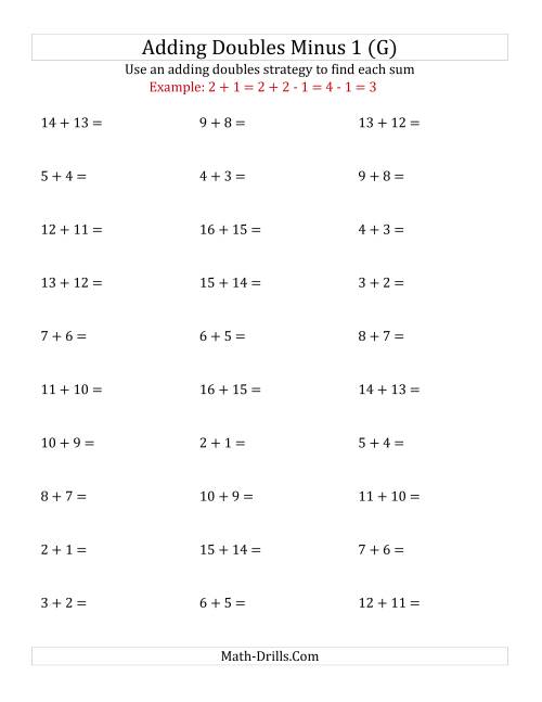 The Adding Doubles Minus 1 (Medium Numbers) (G) Math Worksheet