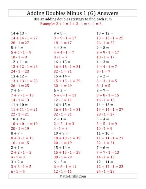 The Adding Doubles Minus 1 (Medium Numbers) (G) Math Worksheet Page 2