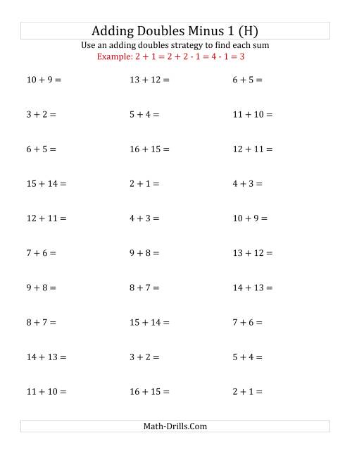 The Adding Doubles Minus 1 (Medium Numbers) (H) Math Worksheet