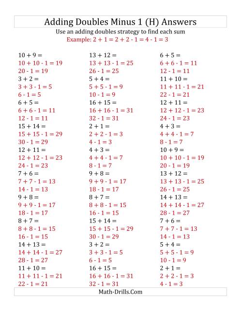 The Adding Doubles Minus 1 (Medium Numbers) (H) Math Worksheet Page 2