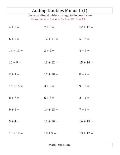 The Adding Doubles Minus 1 (Medium Numbers) (I) Math Worksheet