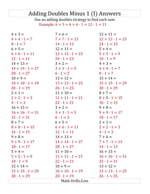 The Adding Doubles Minus 1 (Medium Numbers) (I) Math Worksheet Page 2