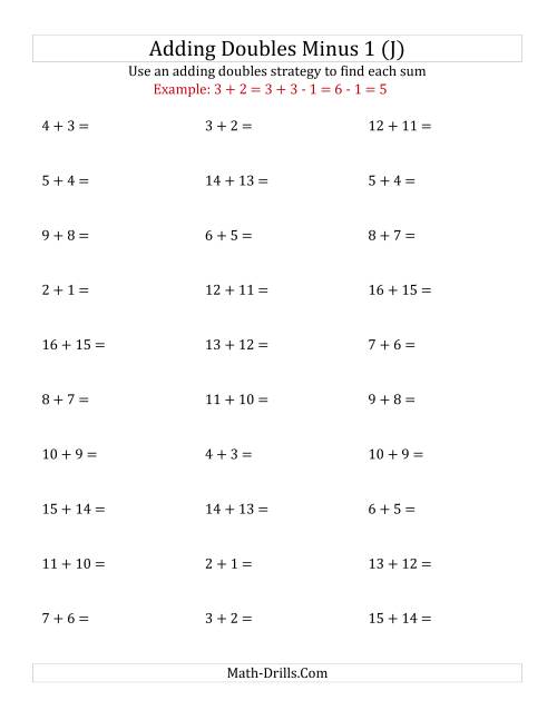 The Adding Doubles Minus 1 (Medium Numbers) (J) Math Worksheet