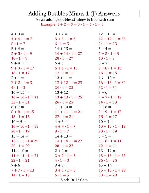 The Adding Doubles Minus 1 (Medium Numbers) (J) Math Worksheet Page 2