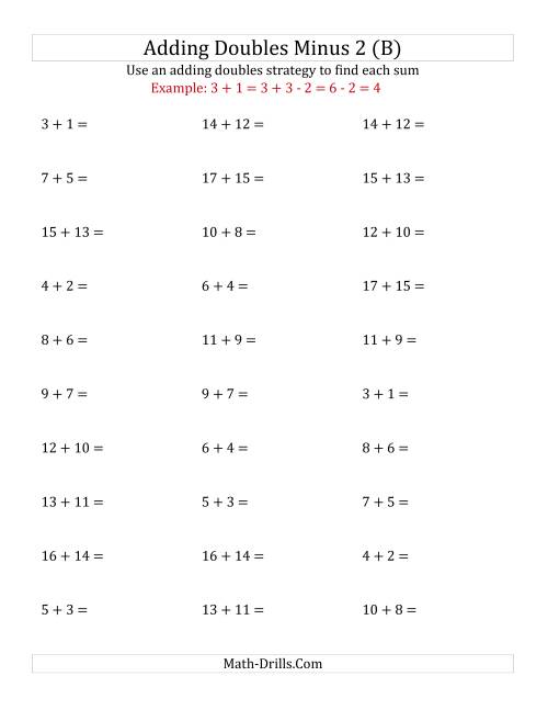 The Adding Doubles Minus 2 (Medium Numbers) (B) Math Worksheet