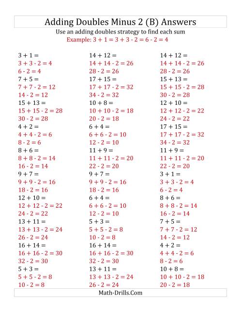 The Adding Doubles Minus 2 (Medium Numbers) (B) Math Worksheet Page 2