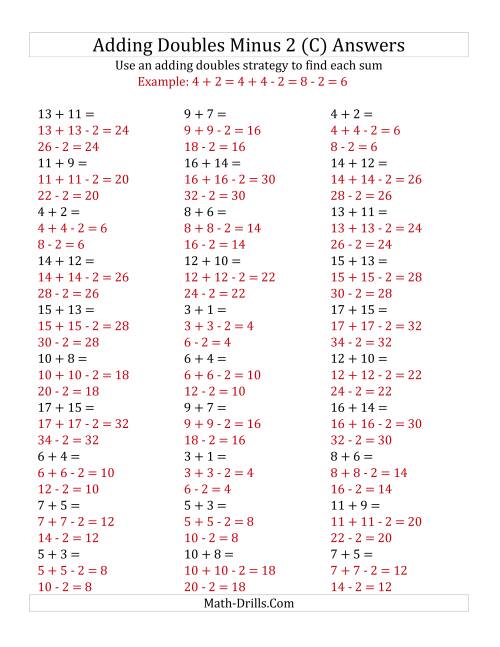 The Adding Doubles Minus 2 (Medium Numbers) (C) Math Worksheet Page 2