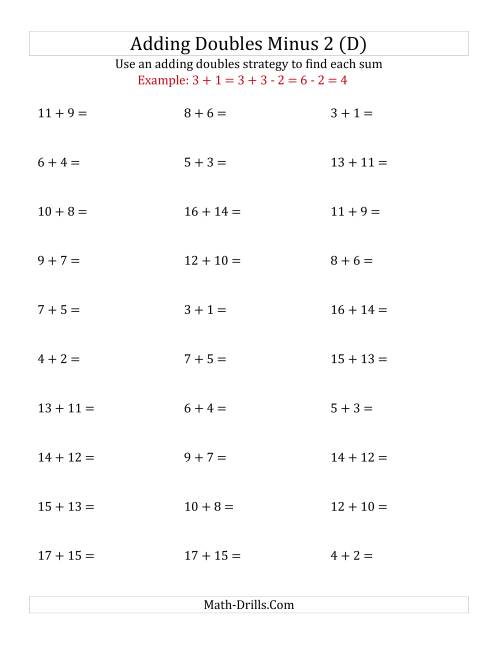 The Adding Doubles Minus 2 (Medium Numbers) (D) Math Worksheet