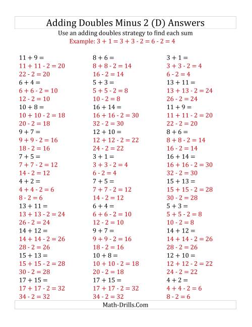 The Adding Doubles Minus 2 (Medium Numbers) (D) Math Worksheet Page 2