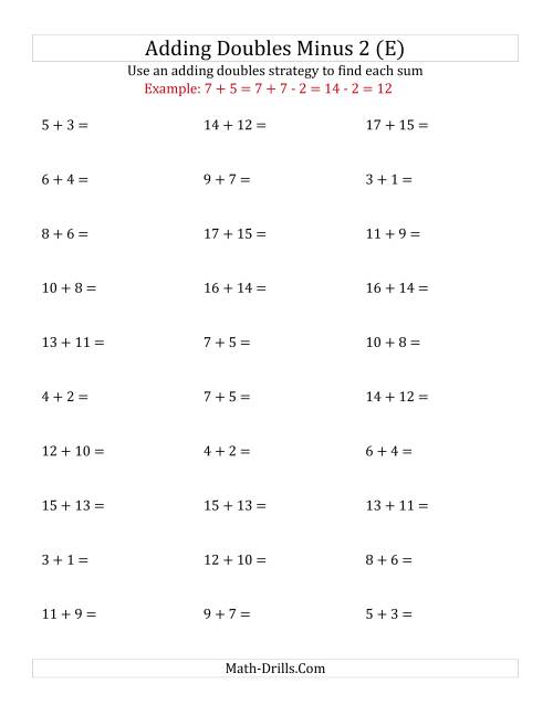 The Adding Doubles Minus 2 (Medium Numbers) (E) Math Worksheet