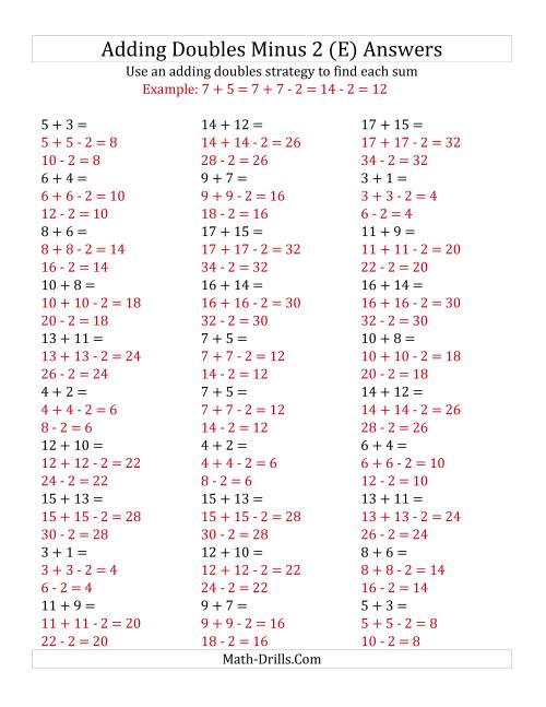 The Adding Doubles Minus 2 (Medium Numbers) (E) Math Worksheet Page 2