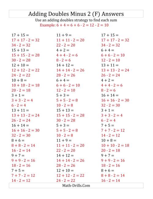 The Adding Doubles Minus 2 (Medium Numbers) (F) Math Worksheet Page 2