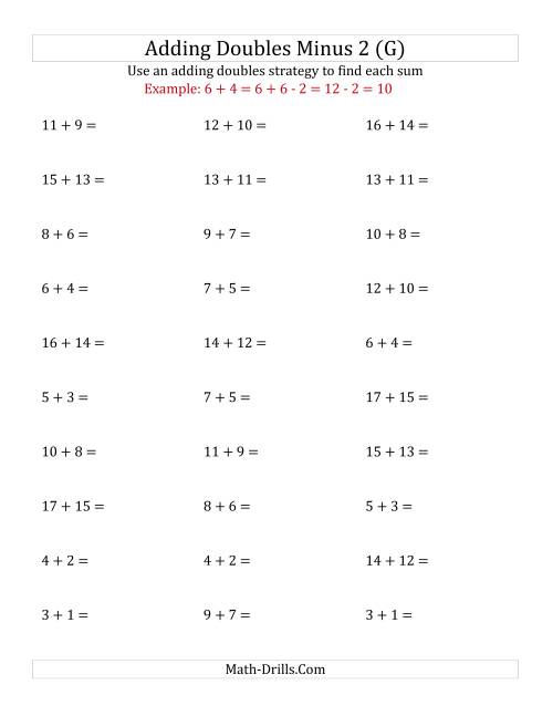 The Adding Doubles Minus 2 (Medium Numbers) (G) Math Worksheet