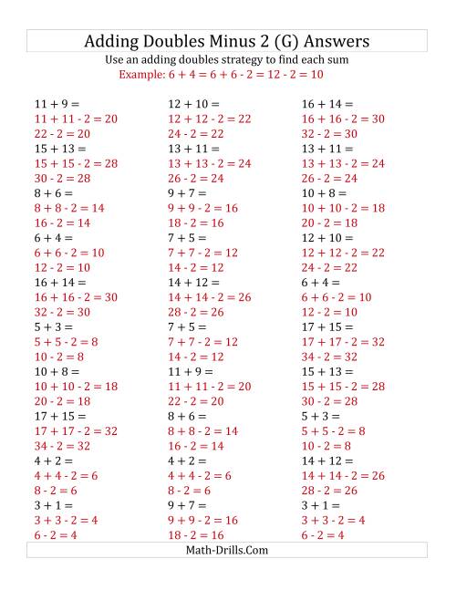 The Adding Doubles Minus 2 (Medium Numbers) (G) Math Worksheet Page 2