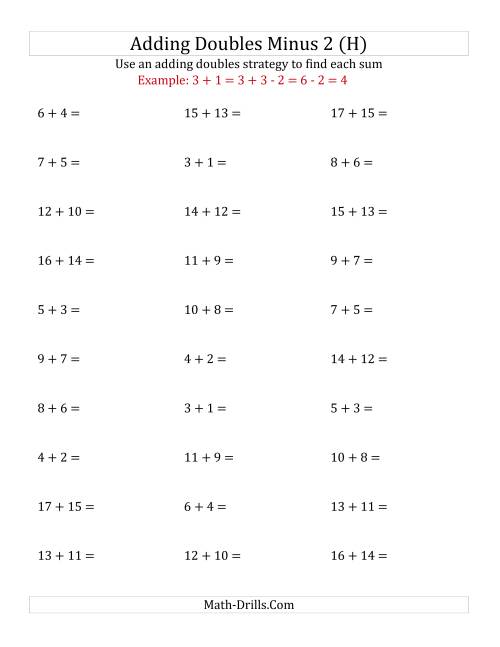 The Adding Doubles Minus 2 (Medium Numbers) (H) Math Worksheet