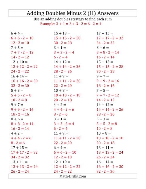 The Adding Doubles Minus 2 (Medium Numbers) (H) Math Worksheet Page 2