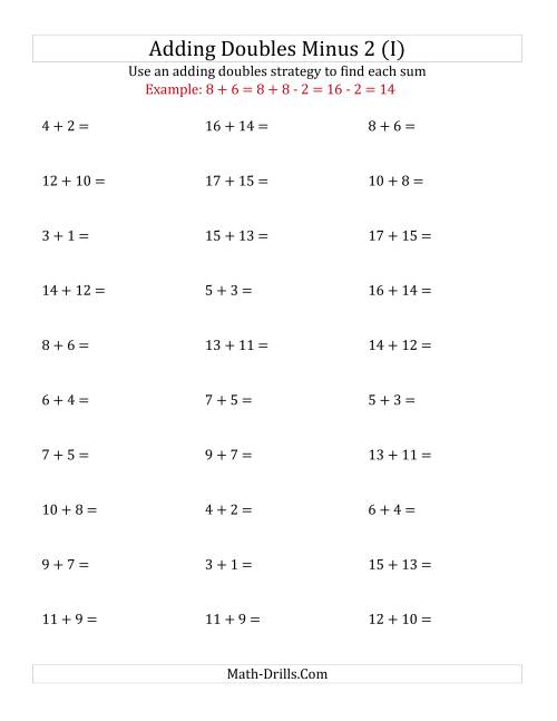 The Adding Doubles Minus 2 (Medium Numbers) (I) Math Worksheet