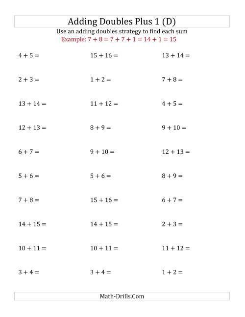 The Adding Doubles Plus 1 (Medium Numbers) (D) Math Worksheet