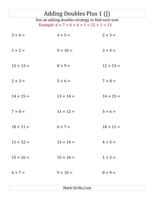 The Adding Doubles Plus 1 (Medium Numbers) (J) Math Worksheet