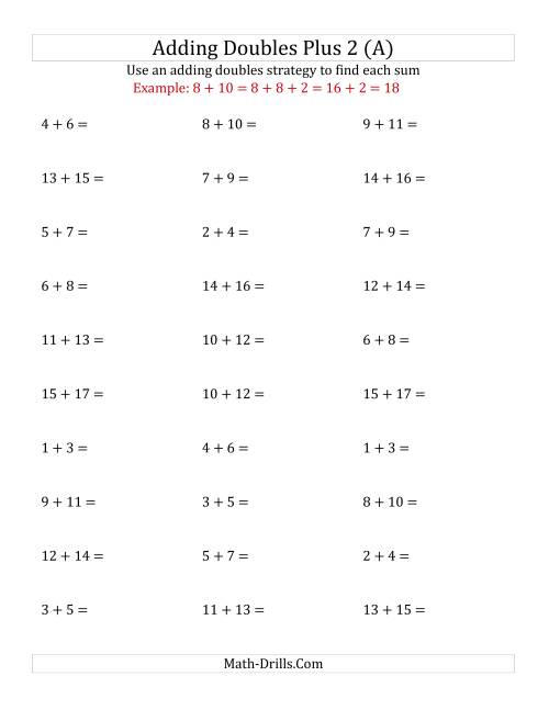 The Adding Doubles Plus 2 (Medium Numbers) (A) Math Worksheet