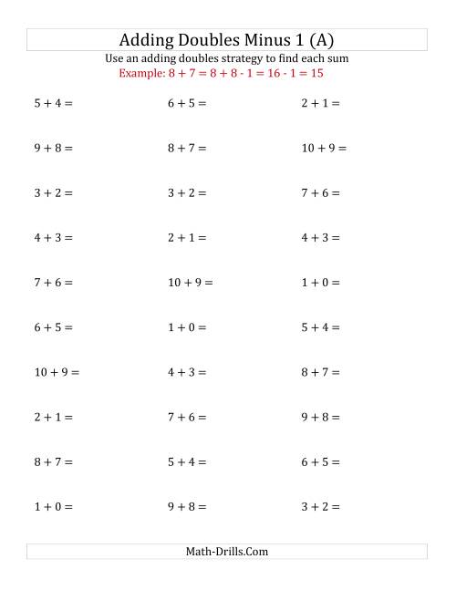 The Adding Doubles Minus 1 (Small Numbers) (A) Math Worksheet