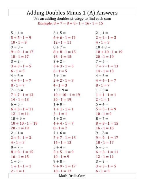 The Adding Doubles Minus 1 (Small Numbers) (A) Math Worksheet Page 2