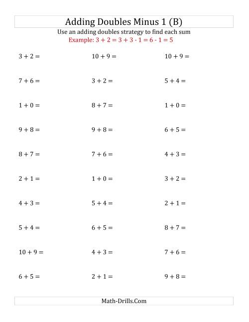The Adding Doubles Minus 1 (Small Numbers) (B) Math Worksheet