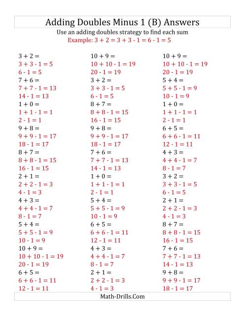 The Adding Doubles Minus 1 (Small Numbers) (B) Math Worksheet Page 2