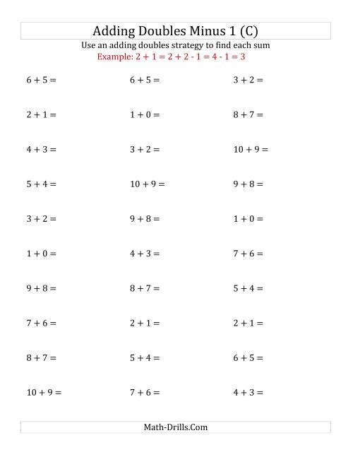 The Adding Doubles Minus 1 (Small Numbers) (C) Math Worksheet