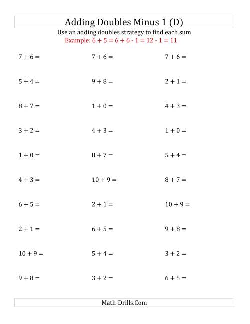 The Adding Doubles Minus 1 (Small Numbers) (D) Math Worksheet