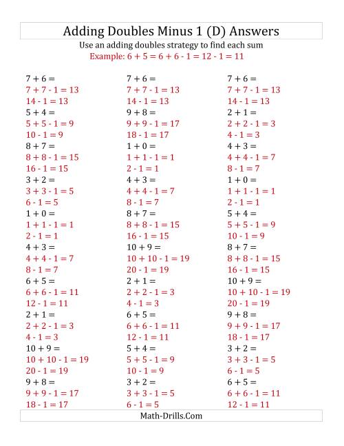 The Adding Doubles Minus 1 (Small Numbers) (D) Math Worksheet Page 2