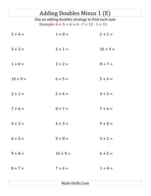 The Adding Doubles Minus 1 (Small Numbers) (E) Math Worksheet