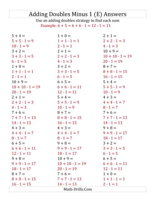 The Adding Doubles Minus 1 (Small Numbers) (E) Math Worksheet Page 2