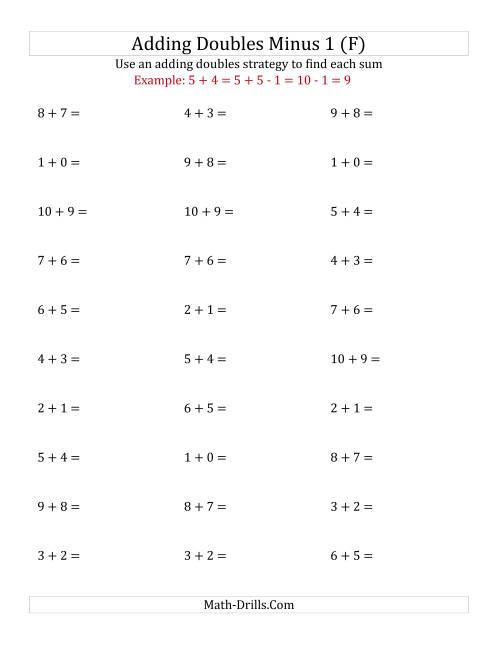 The Adding Doubles Minus 1 (Small Numbers) (F) Math Worksheet