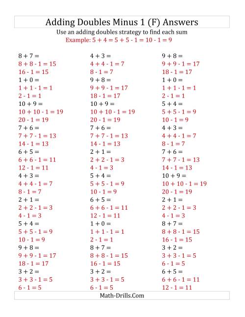 The Adding Doubles Minus 1 (Small Numbers) (F) Math Worksheet Page 2