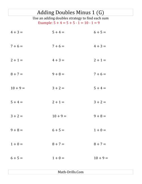 The Adding Doubles Minus 1 (Small Numbers) (G) Math Worksheet