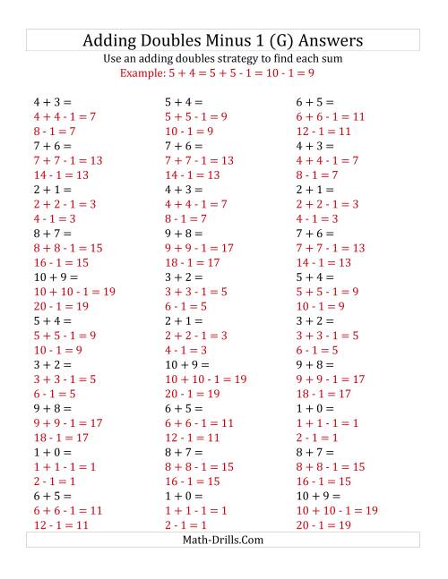 The Adding Doubles Minus 1 (Small Numbers) (G) Math Worksheet Page 2