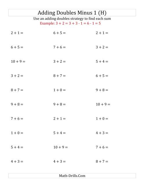 The Adding Doubles Minus 1 (Small Numbers) (H) Math Worksheet