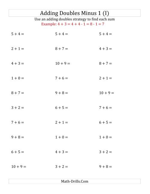 The Adding Doubles Minus 1 (Small Numbers) (I) Math Worksheet