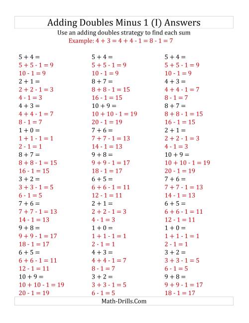The Adding Doubles Minus 1 (Small Numbers) (I) Math Worksheet Page 2