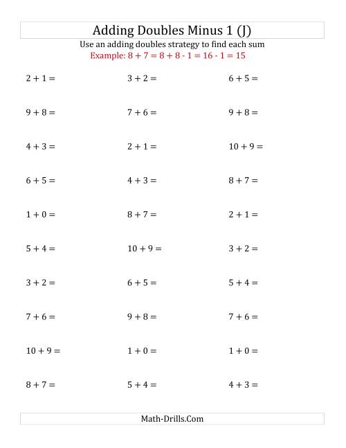 The Adding Doubles Minus 1 (Small Numbers) (J) Math Worksheet