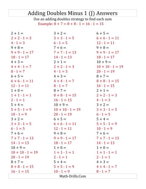 The Adding Doubles Minus 1 (Small Numbers) (J) Math Worksheet Page 2