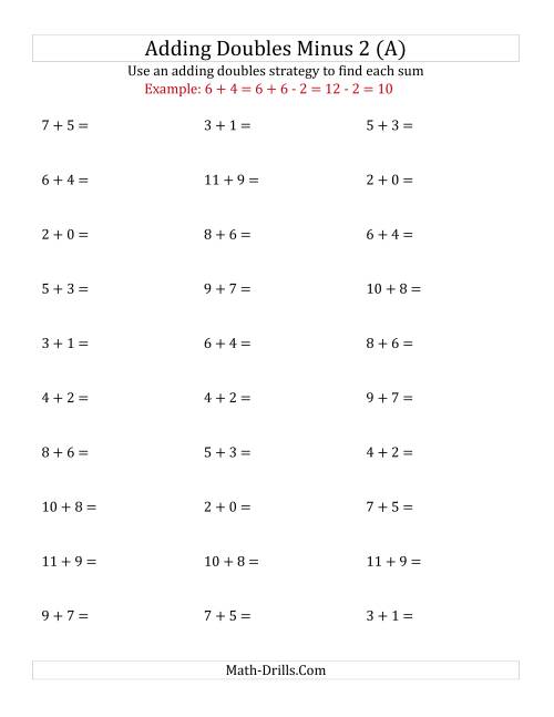The Adding Doubles Minus 2 (Small Numbers) (A) Math Worksheet