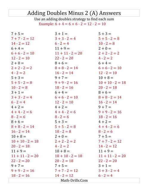 The Adding Doubles Minus 2 (Small Numbers) (A) Math Worksheet Page 2